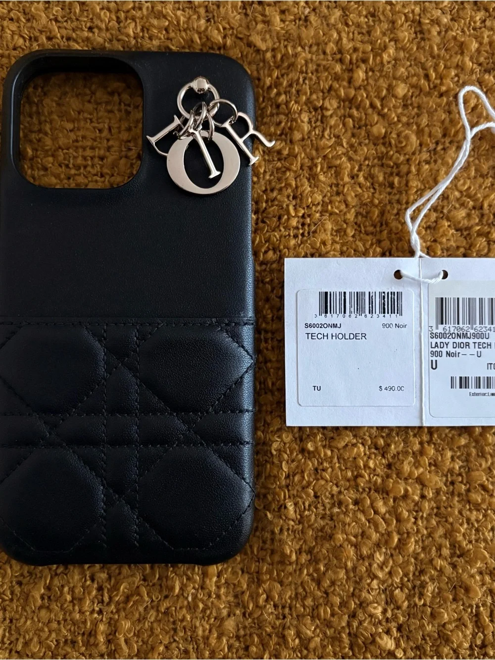 Dior iPhone 15 pro max Black Quilted Lady Tech Phone Case with Silver Charm